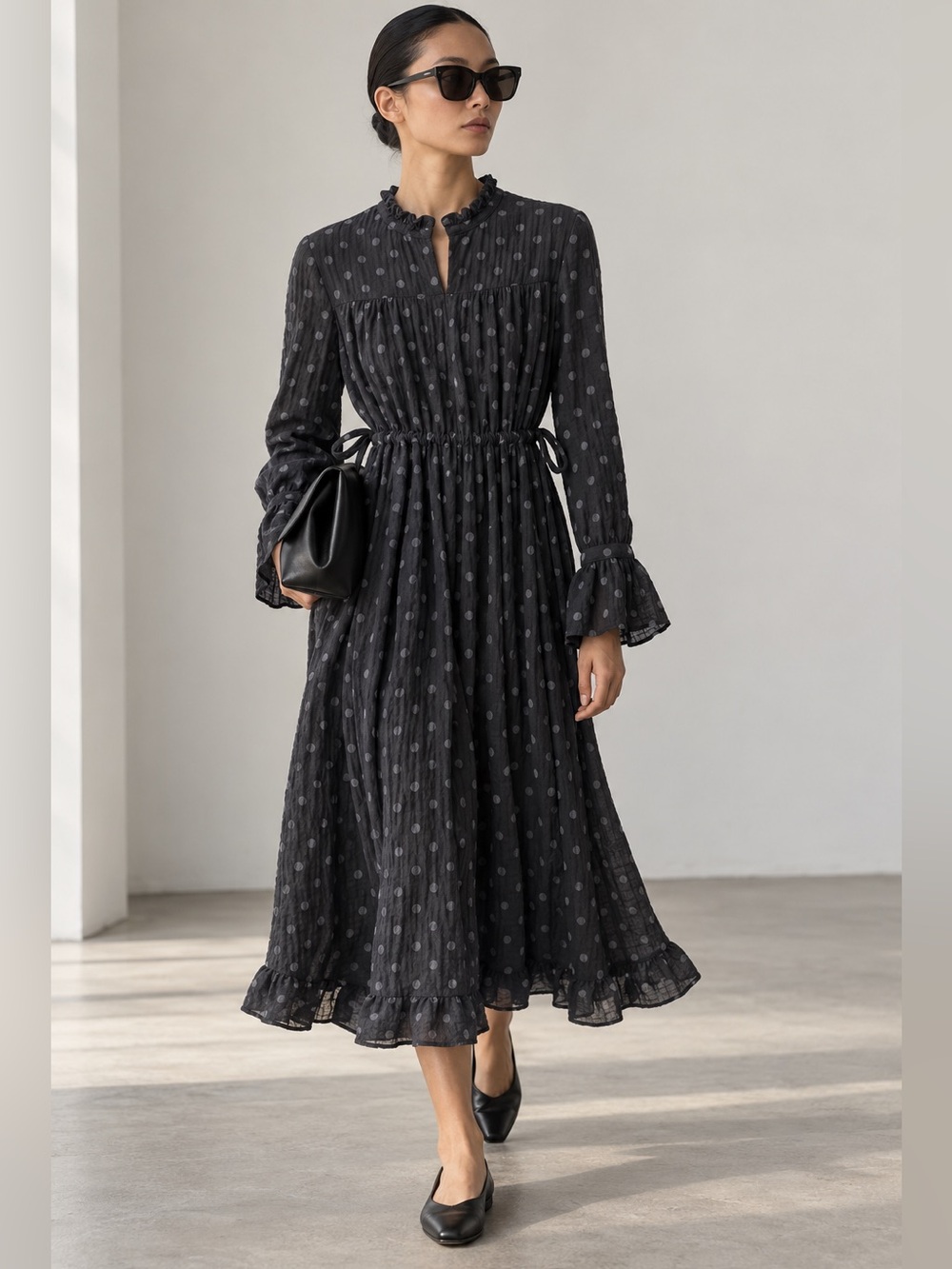 YAS Black Polka Dot Long Sleeve Midi Dress Size XS